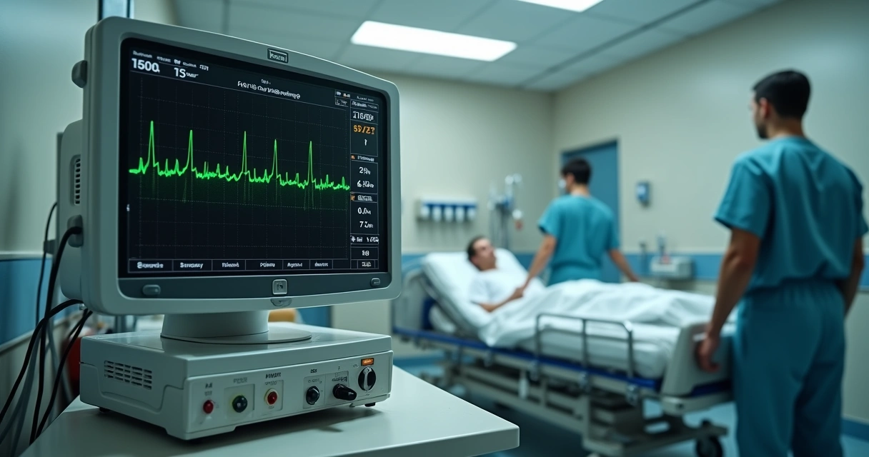 Médico na emergência diante de monitor cardíaco com taquiarritmia e desfibrilador ao lado 