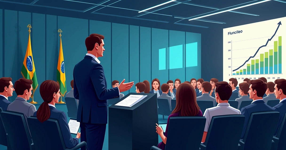 Tarcísio discursando para um público variado em auditório corporativo 