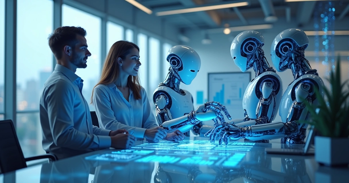Robôs digitais executando tarefas de vendas enquanto equipes analisam relatórios em fundo empresarial 