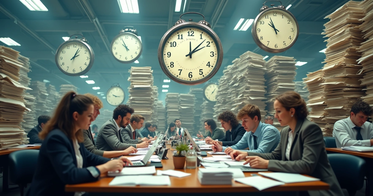 People working on different tasks at desks, surrounded by growing piles of paperwork and oversized clocks