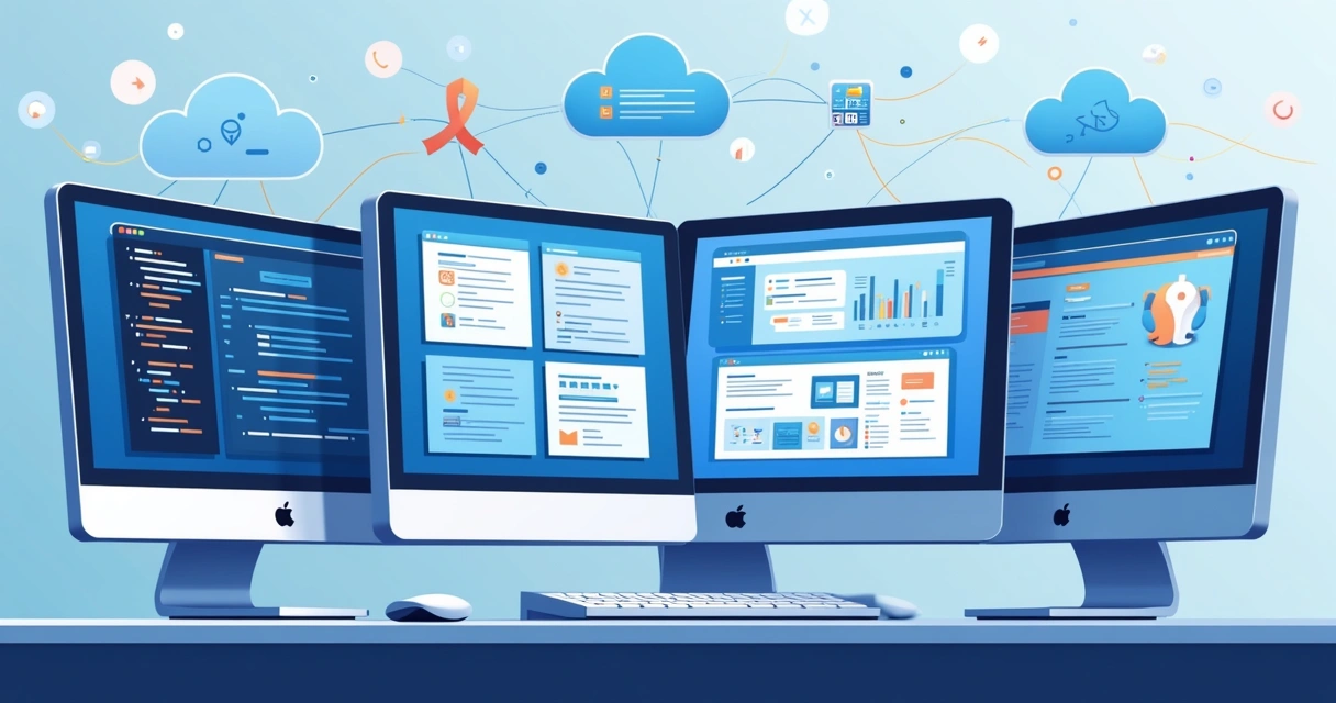 Múltiplas tarefas de software executadas em telas diferentes