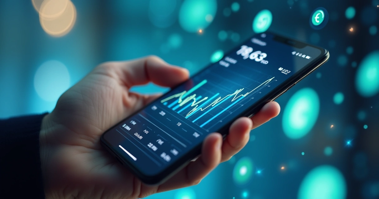 Tela de smartphone exibindo aplicativo bancário com gráficos de tarifas dinâmicas e ícones digitais 