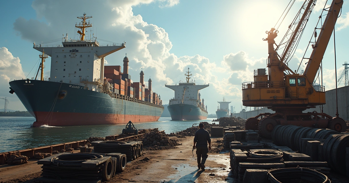 Caminhões transportando aço e alumínio em porto brasileiro 