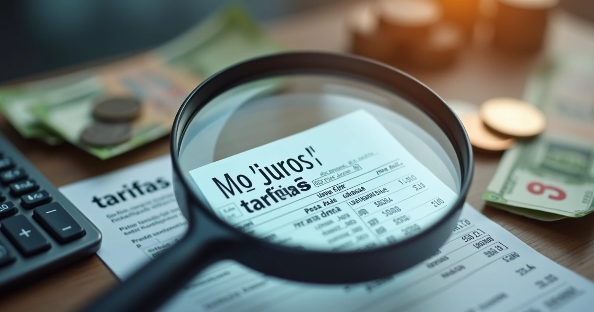 Lupa ampliando um boleto bancário com palavras juros e tarifas 