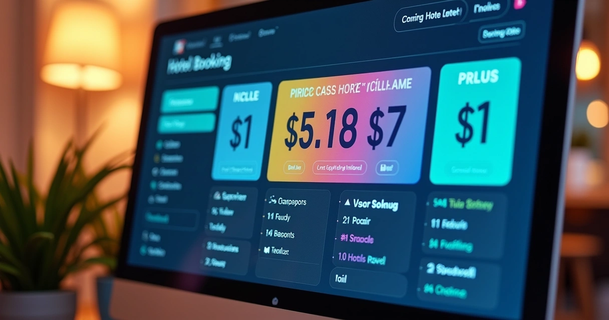 Simulação em tela de computador mostrando gráficos de diferentes canais de vendas hoteleiras 