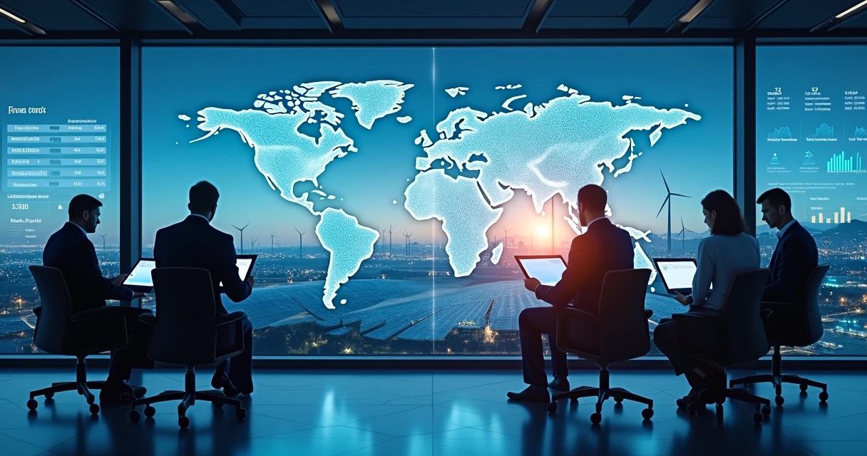 Gráfico com tarifas comerciais, usinas de energia e investidores analisando dados globais 