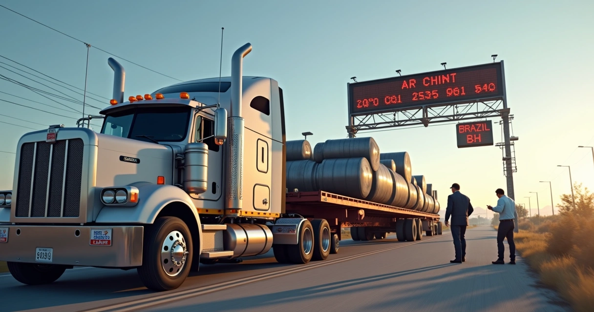 Caminhão carregando aço em fronteira dos EUA 