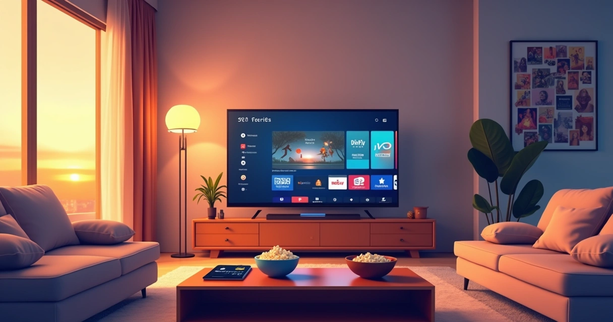 Tarjeta de crédito sobre una mesa de café en un entorno moderno y acogedor, junto al televisor y palomitas.