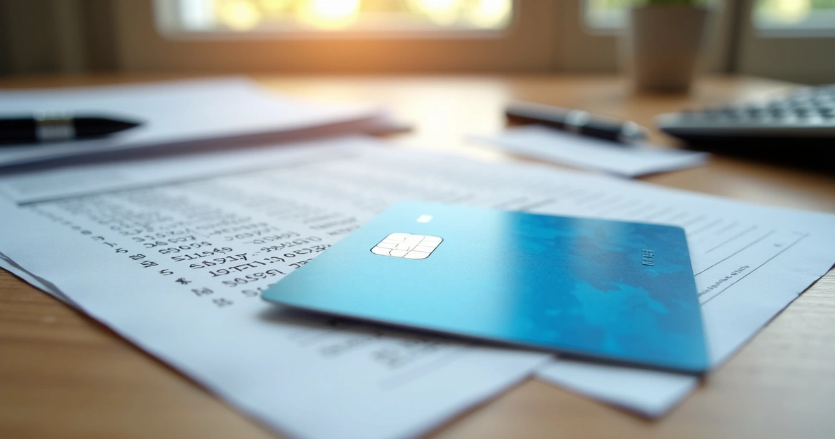 Vista de una tarjeta bancaria sobre una mesa junto a un resumen de gastos 