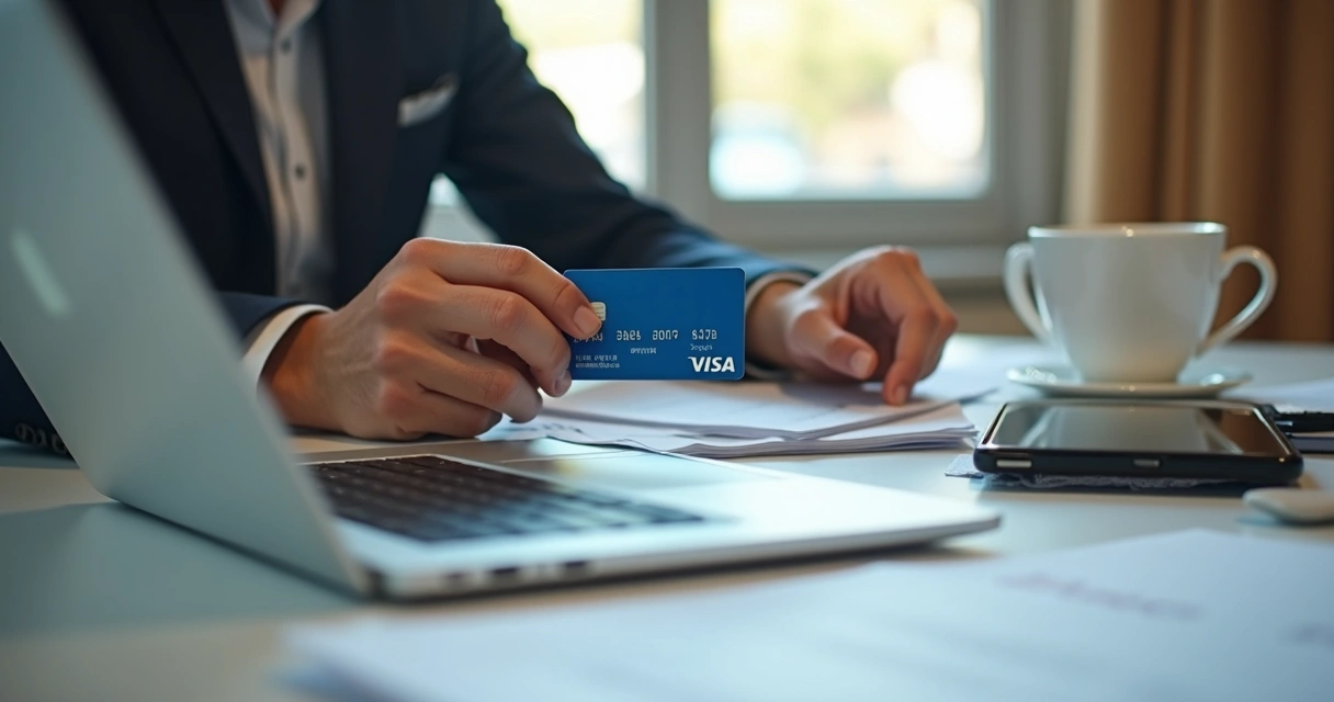 Manos sosteniendo una tarjeta de crédito empresarial 