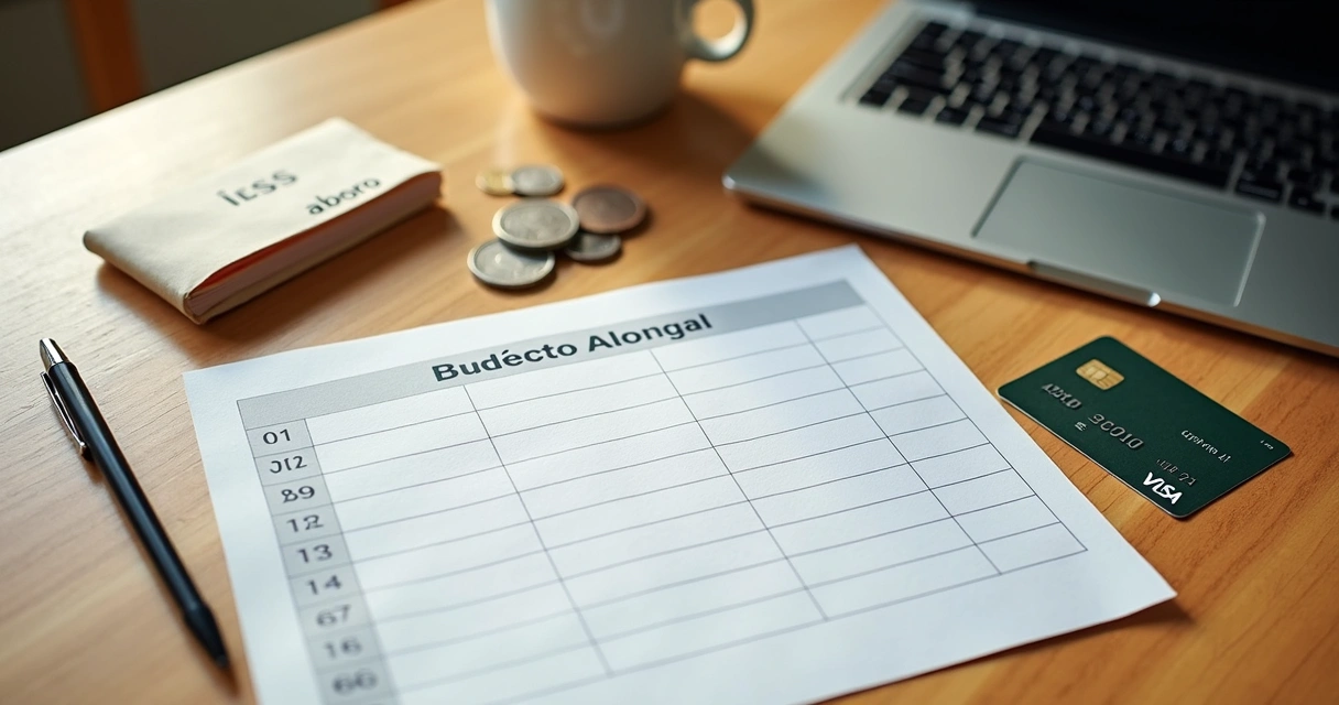 Tarjeta bancaria junto a presupuesto mensual en casa