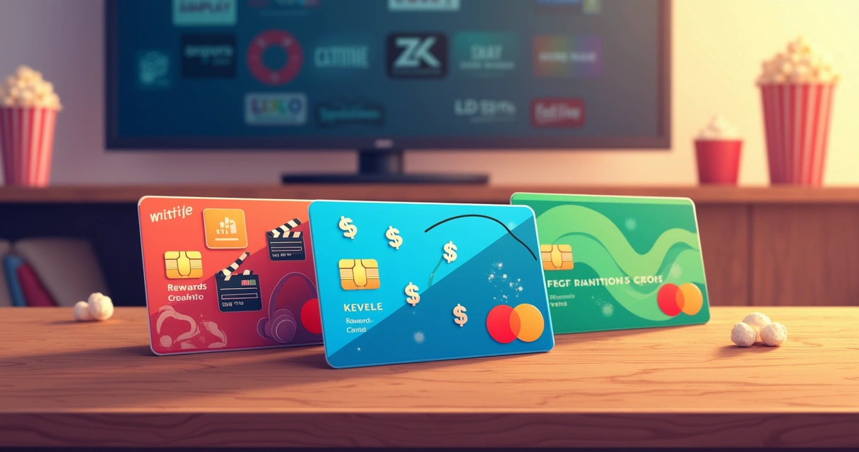 Varias tarjetas de crédito sobre una mesa de madera, representando recompensas, cashback y promociones para streaming.