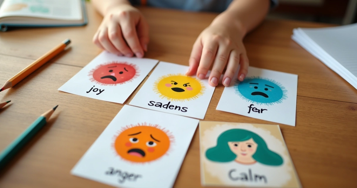 Tarjetas de emociones sobre una mesa con manos infantiles