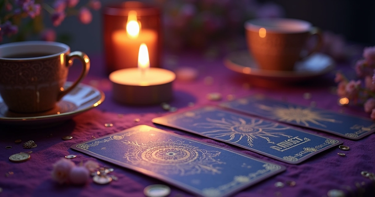 Mesa de tarot com cartas abertas, vela acesa e café ao lado 