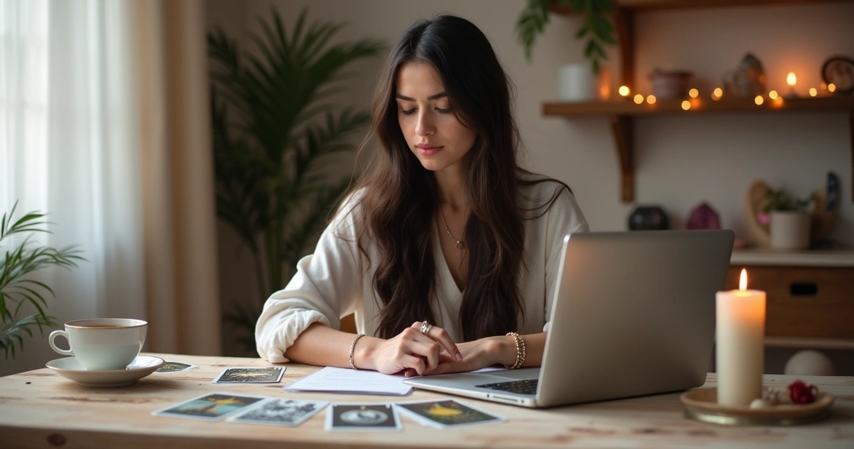 Mulher taróloga digitando no notebook durante uma consulta de tarot online 