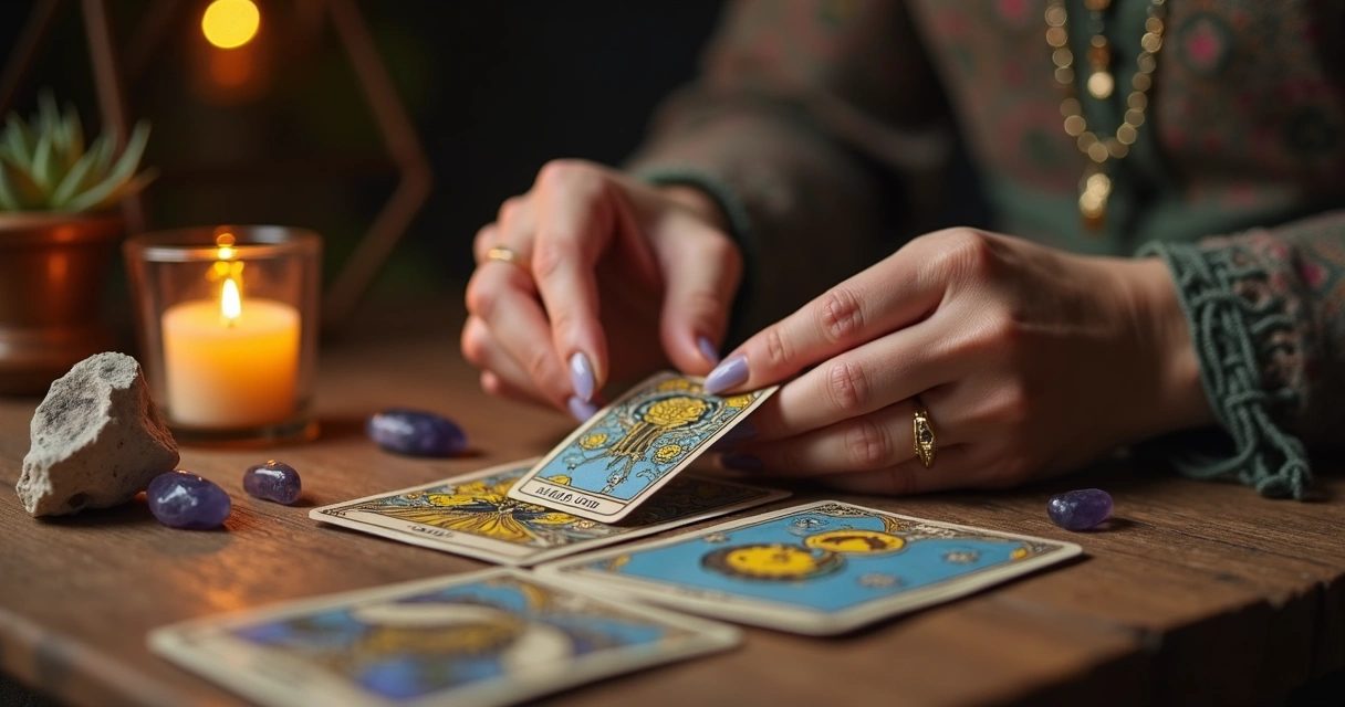 Taróloga embaralhando cartas de tarot em uma mesa de madeira 