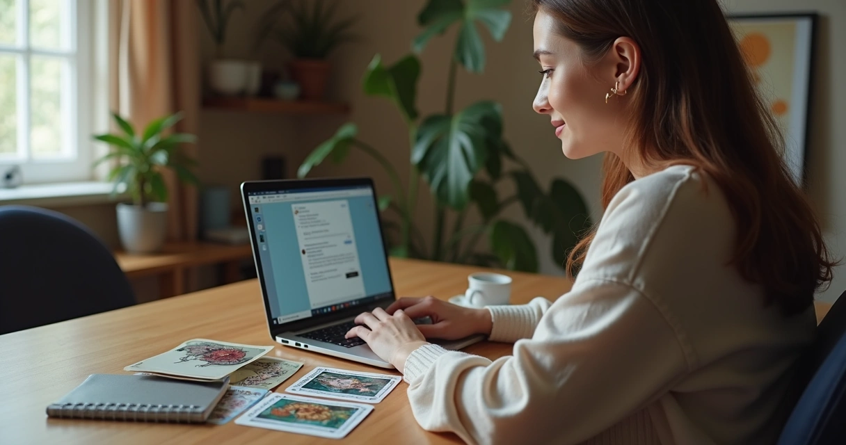 Pessoa usando computador para consulta de tarot online, cartas e bloco de notas à mesa 
