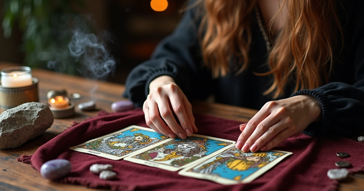 Tarólogo lendo cartas de tarot com cristais na mesa 