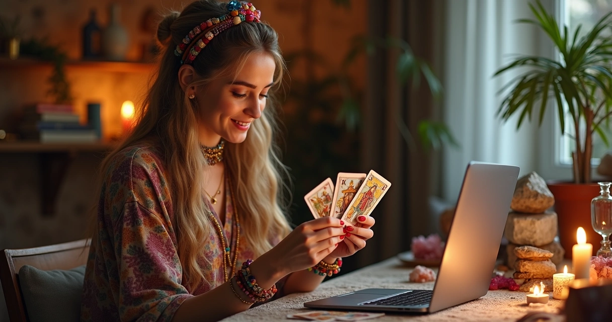 Tarólogo segurando cartas de tarot em frente ao computador, ambiente iluminado 