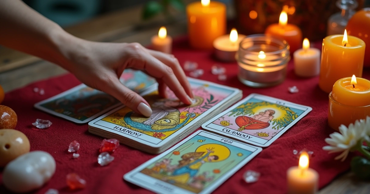 Cartas de tarot, velas e cristais em mesa de adoçamento para resgate de relacionamento 