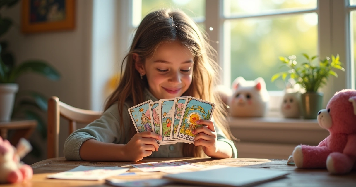 Adolescente segura cartas de tarot com imagens coloridas sentada à mesa 