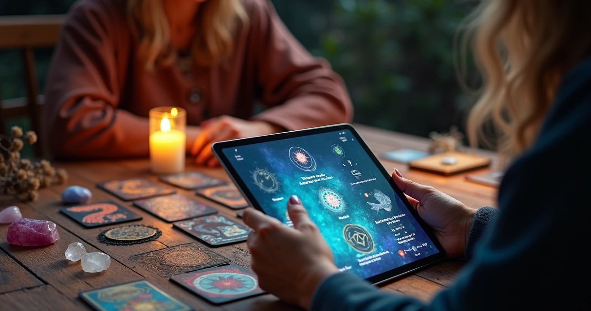Tarot reader interacting with an AI assistant on a tablet 