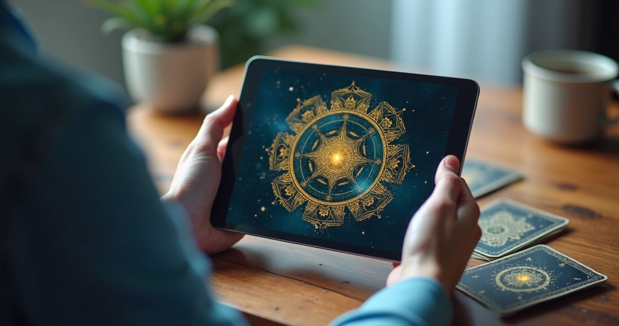 Tarot learner using AI assistant on a tablet 