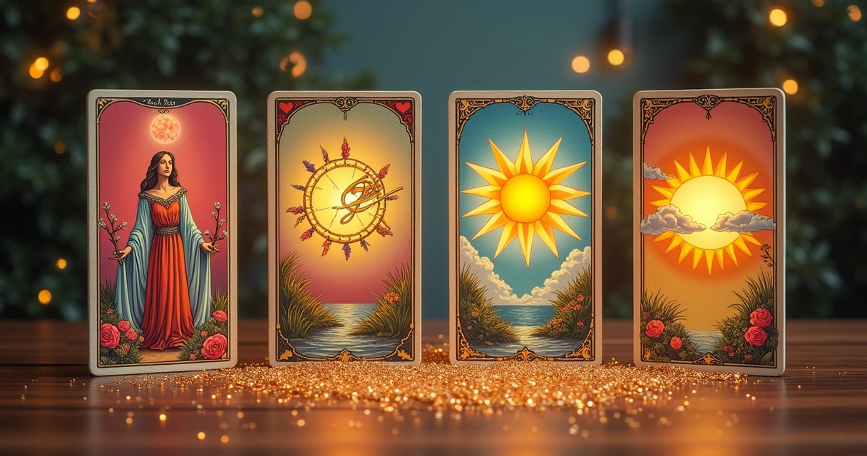 Baralho de tarot sobre uma mesa, com cartas simbolizando amor, escolhas e emoções. A Imperatriz, O Enamorado, A Lua e O Sol.