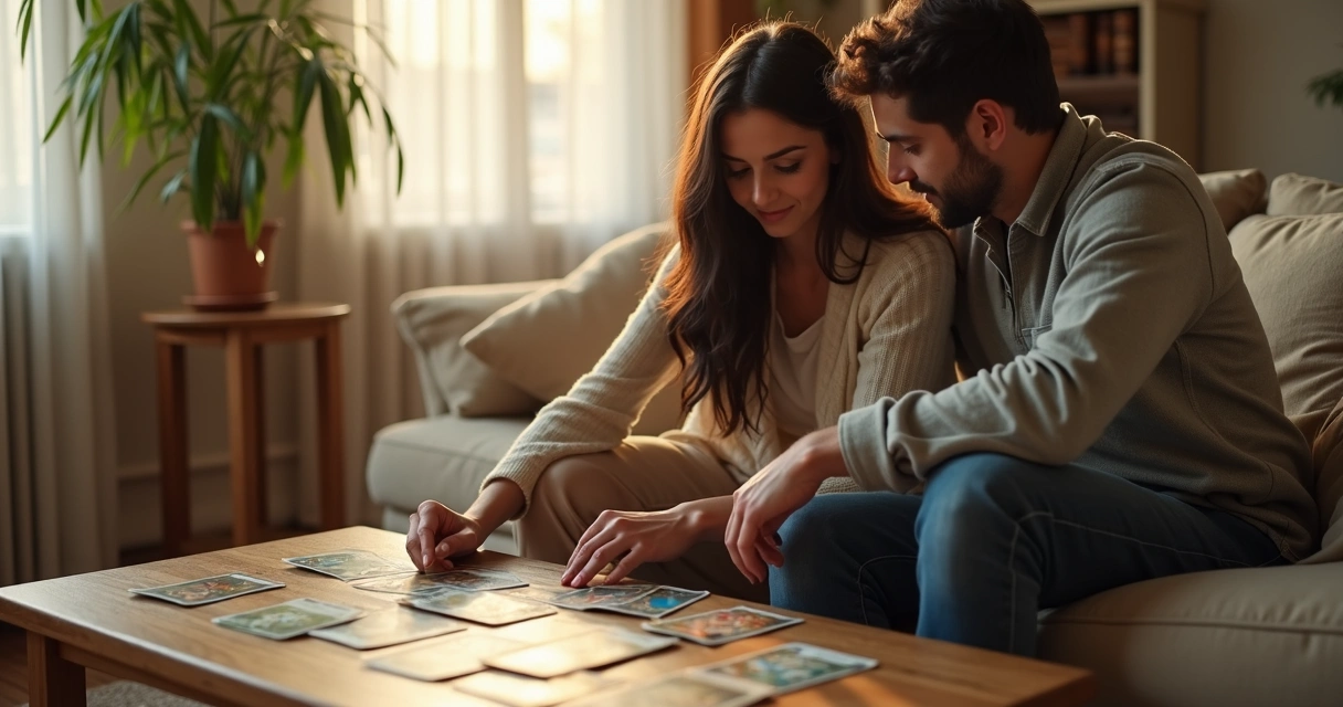 Casal interpretando tarot juntos no sofá 