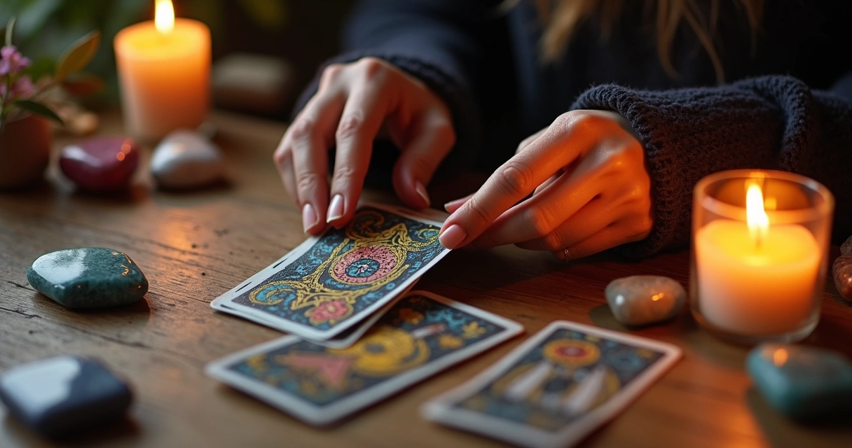 Cartas de tarot, mãos femininas e vela acesa em mesa de madeira 