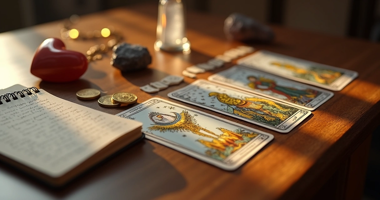 Mesa com cartas de tarot, coração vermelho e moedas 