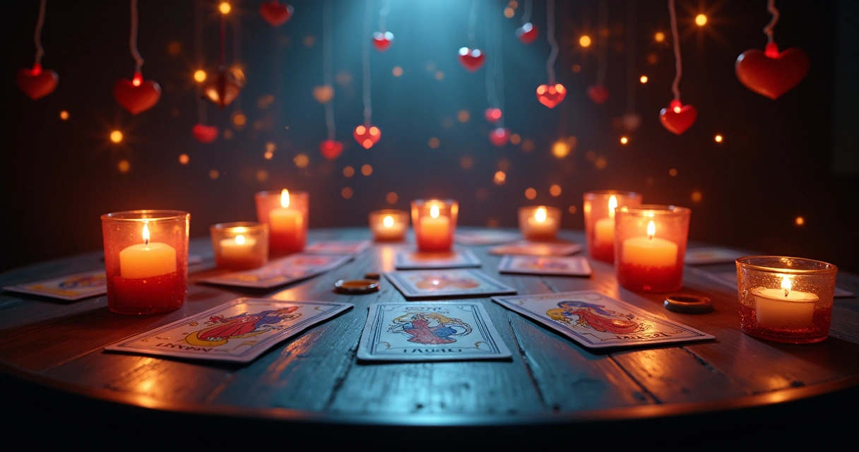Baralho de Tarot aberto em uma mesa de madeira escura com cartas do amor e sentimentos, sob luz mística.