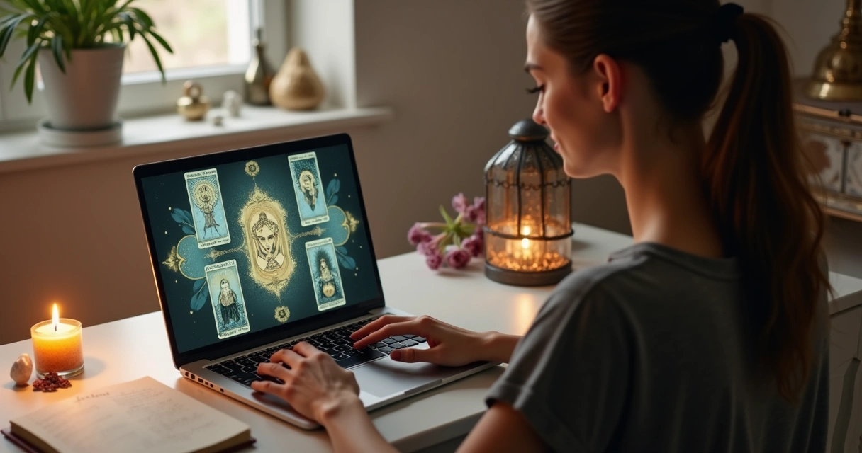 Mulher jovem lendo cartas de tarot pelo computador 