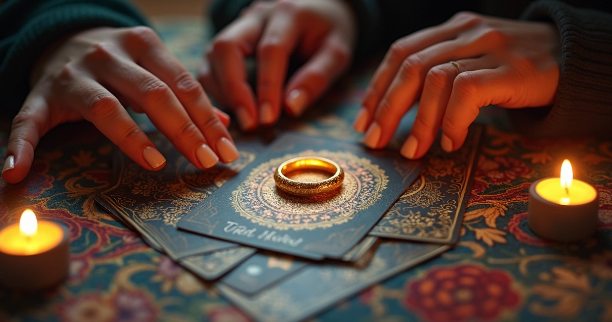 Cartas do baralho cigano dispostas em mesa de madeira com destaque para carta do anel 