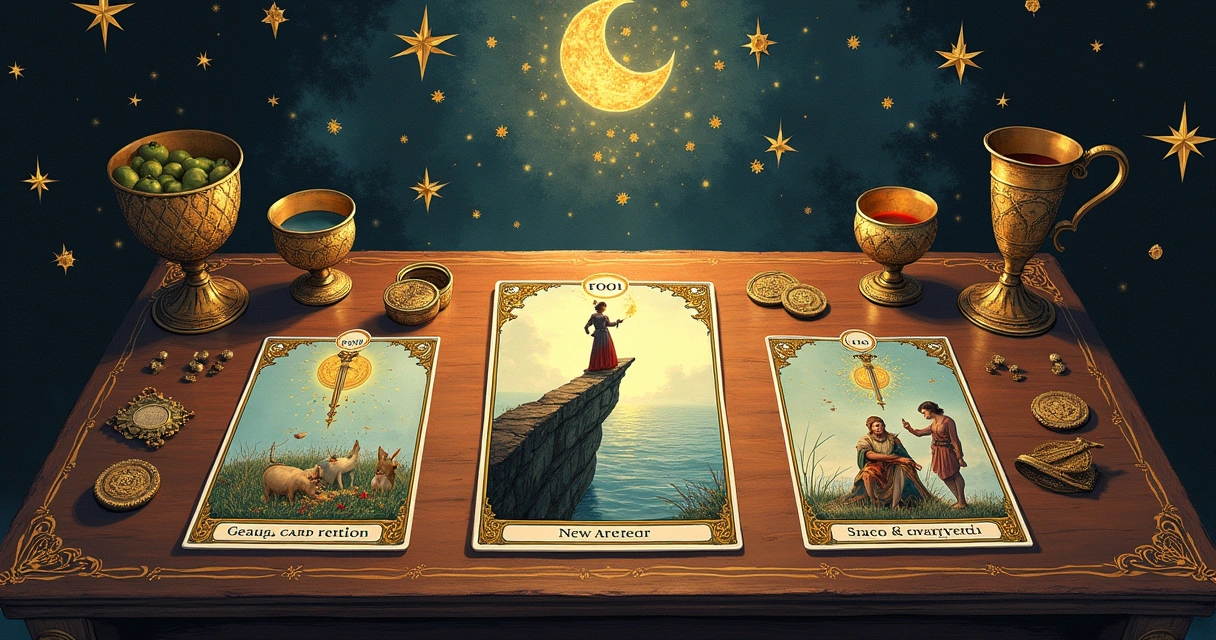 Ilustração de uma mesa de tarô com cartas dos arcanos maiores e menores, incluindo o Louco e os naipes de Copas, Ouros, Espadas e Paus.
