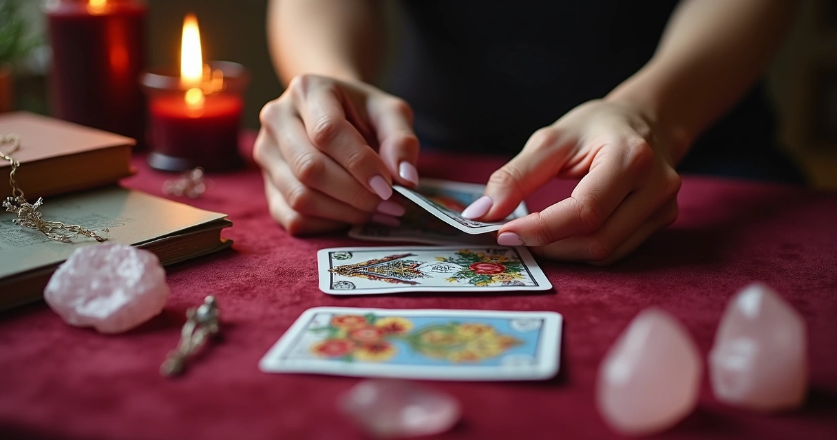 Consulta de tarot mostrando mãos femininas embaralhando cartas em ambiente místico 