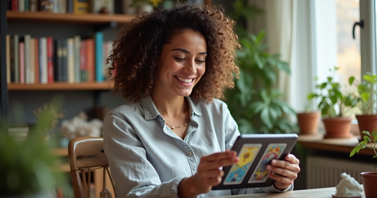 Mulher sorrindo, faz leitura de tarot no computador, ambiente iluminado 