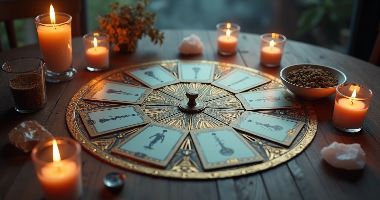 Cartas de tarot abertas em círculo com foco em tranquilidade e energia positiva 
