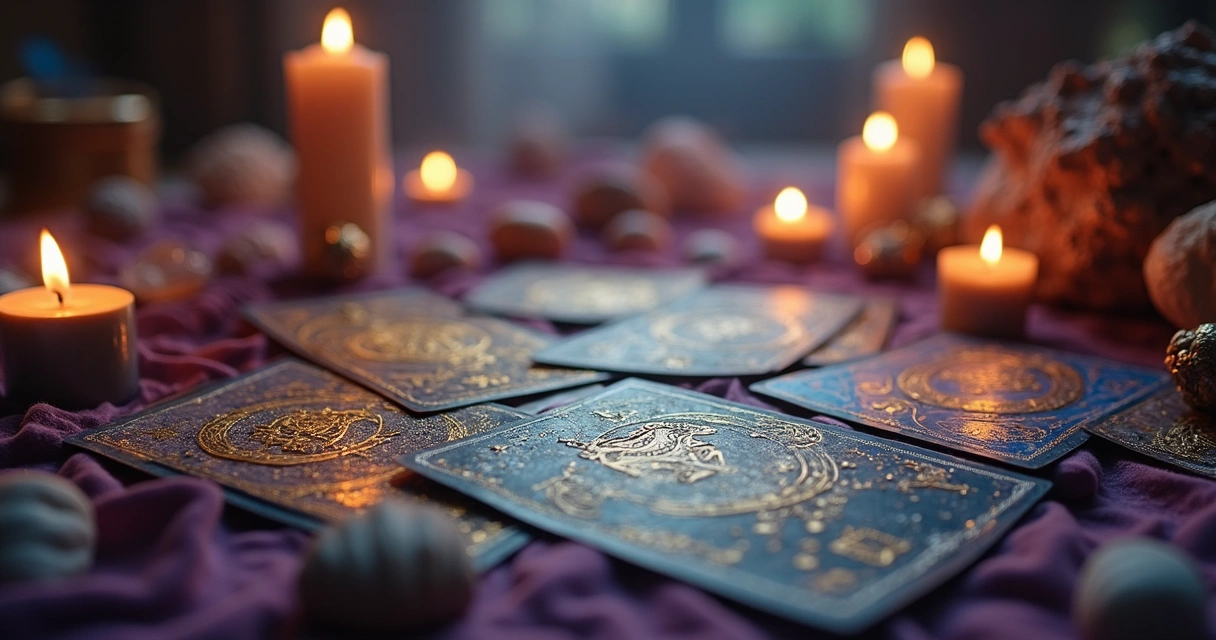 Mesa de oráculos com cartas de tarô e búzios em ambiente esotérico 