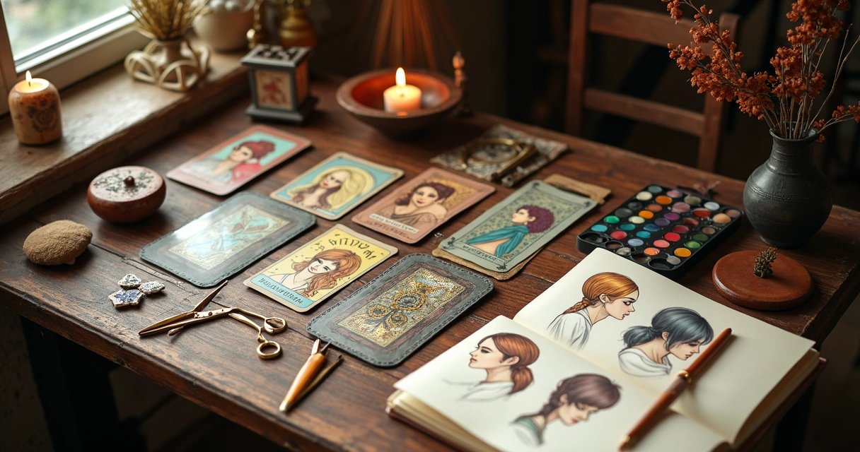 Tarot cards and hair coloring tools on a wooden table 