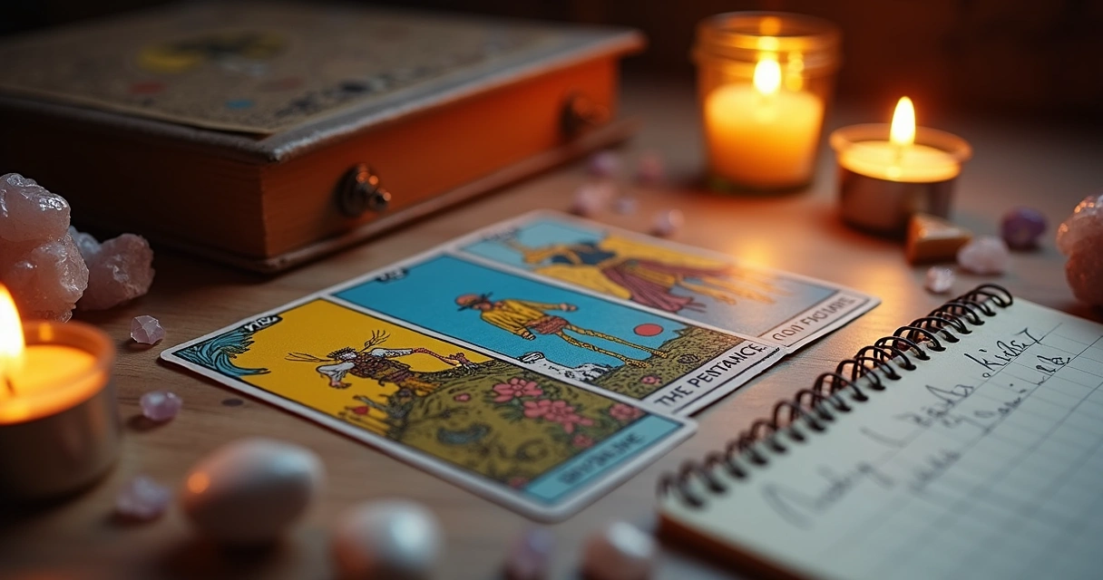 Spread showing Two of Pentacles, Two of Wands, Chariot and Temperance on table 