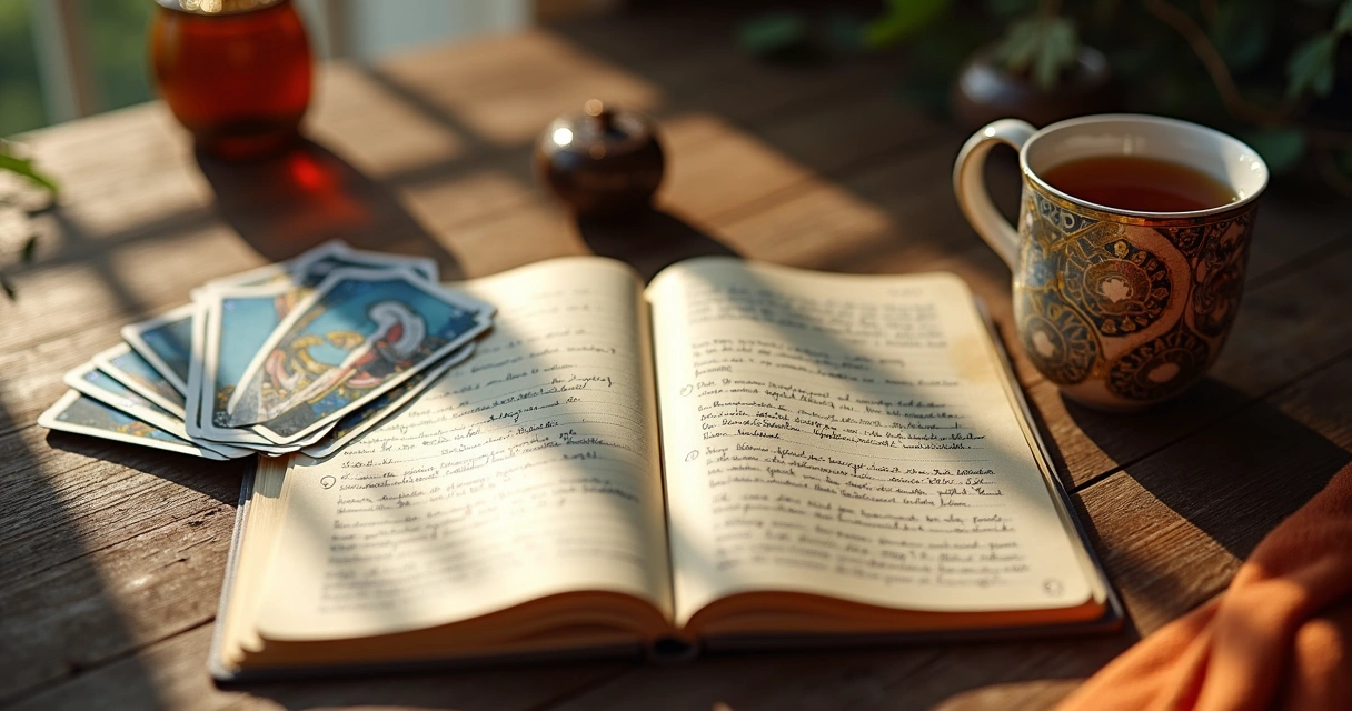 Tarot deck open on a notebook table with handwritten notes 