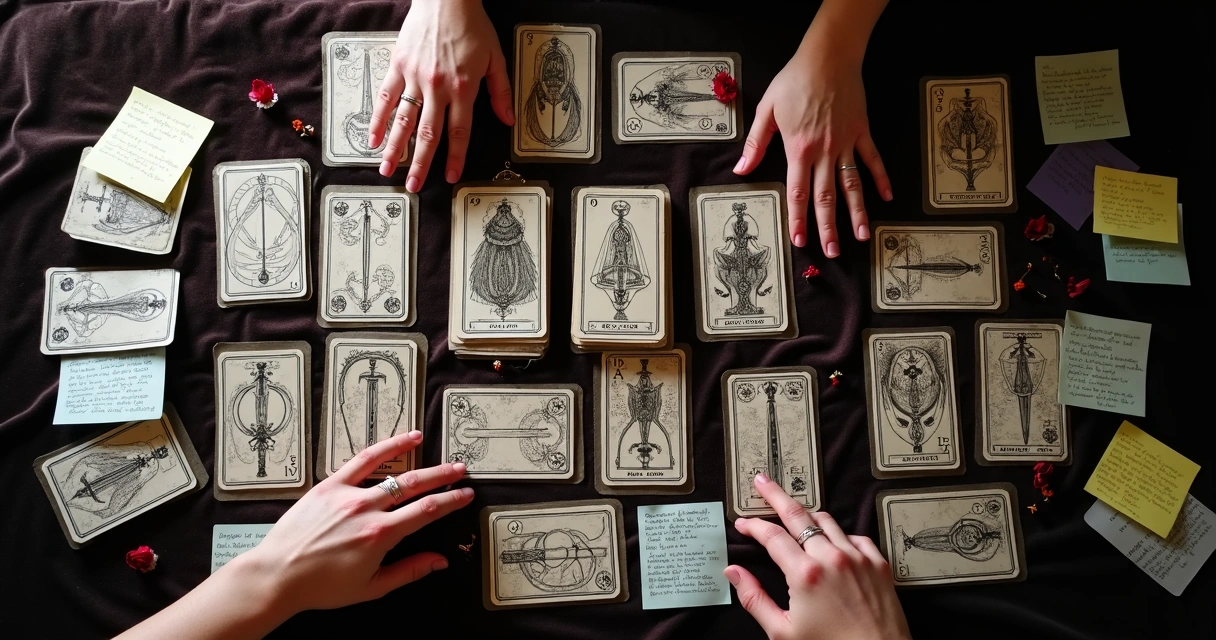Tarot spread with highlighted repeating patterns and annotations 
