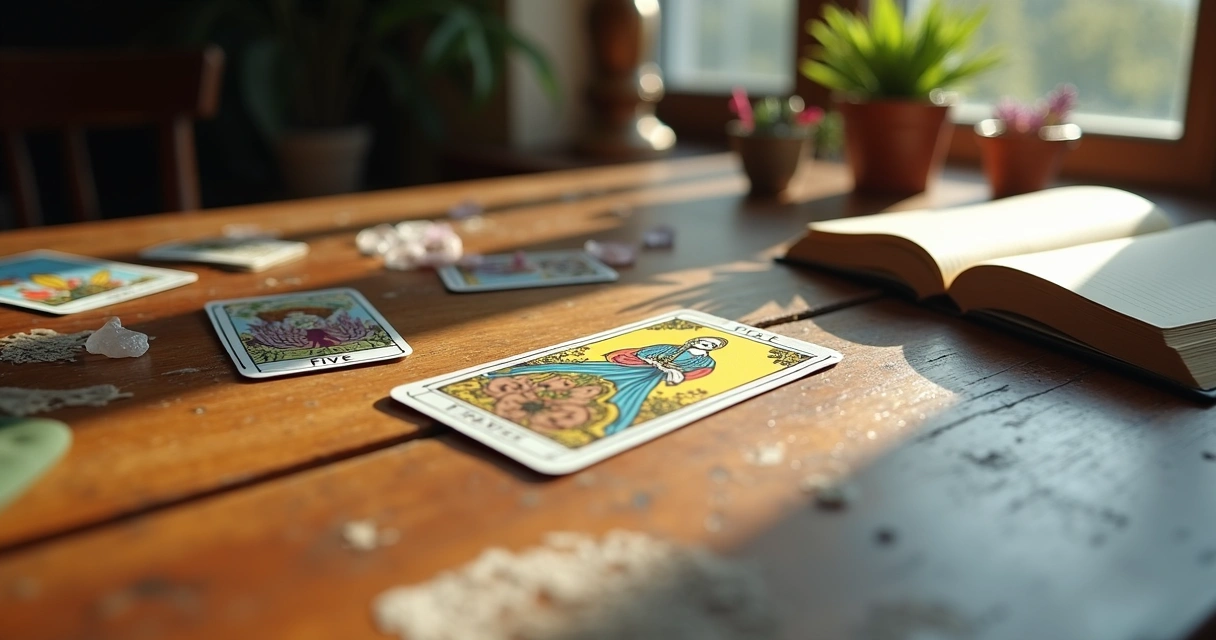 Tarot card reading table with Five of Wands card in focus