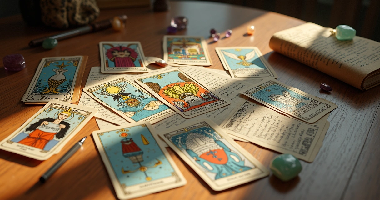 Top view of a Tarot card spread on a wooden table with Major and Minor Arcana cards arranged, soft natural light highlighting intricate card details and handwritten notes beside cards 