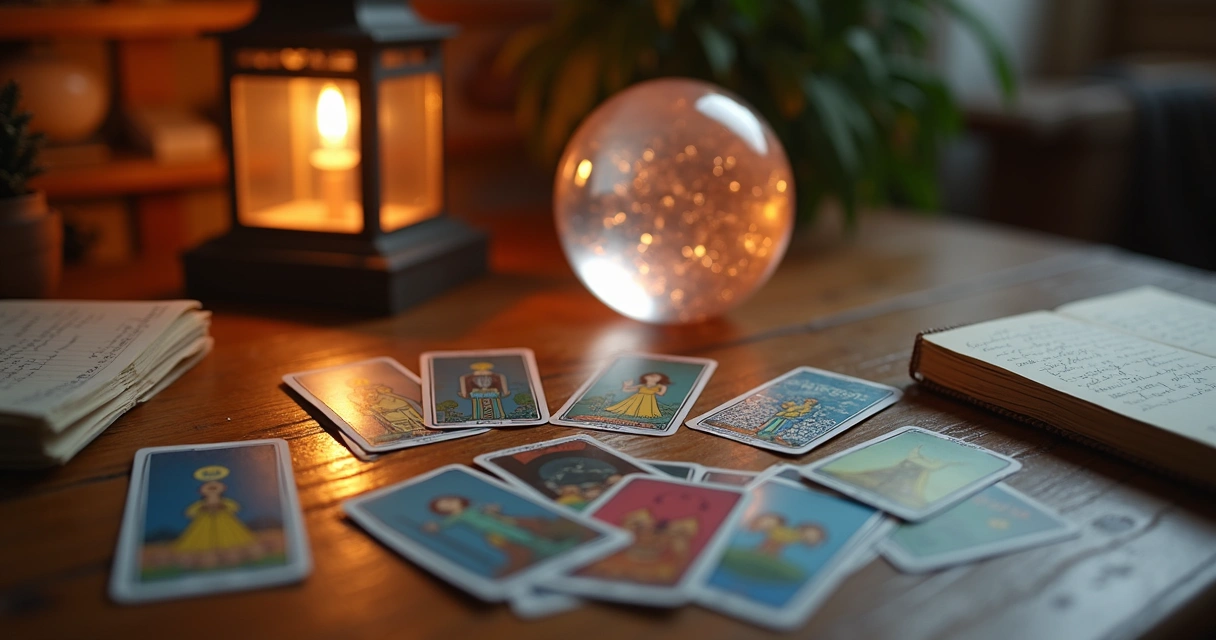 Tarot cards, crystal ball, and notebook on table 