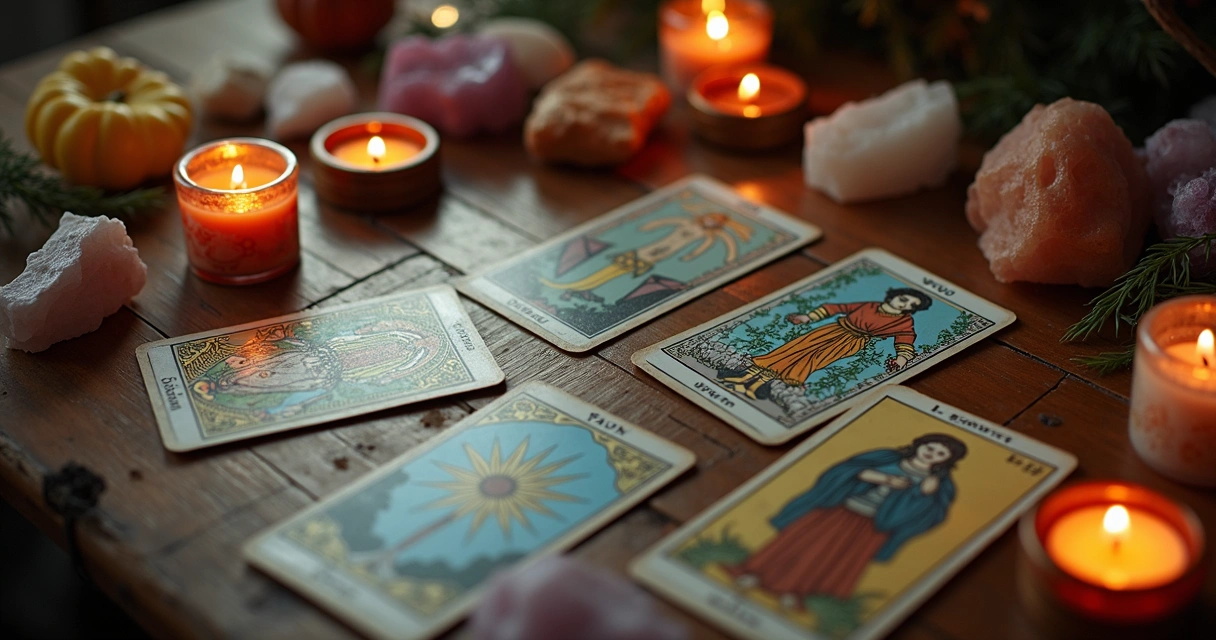 Overhead view of tarot cards spread on a wooden table with candles and crystals, soft warm lighting enhancing a calm and focused atmosphere 