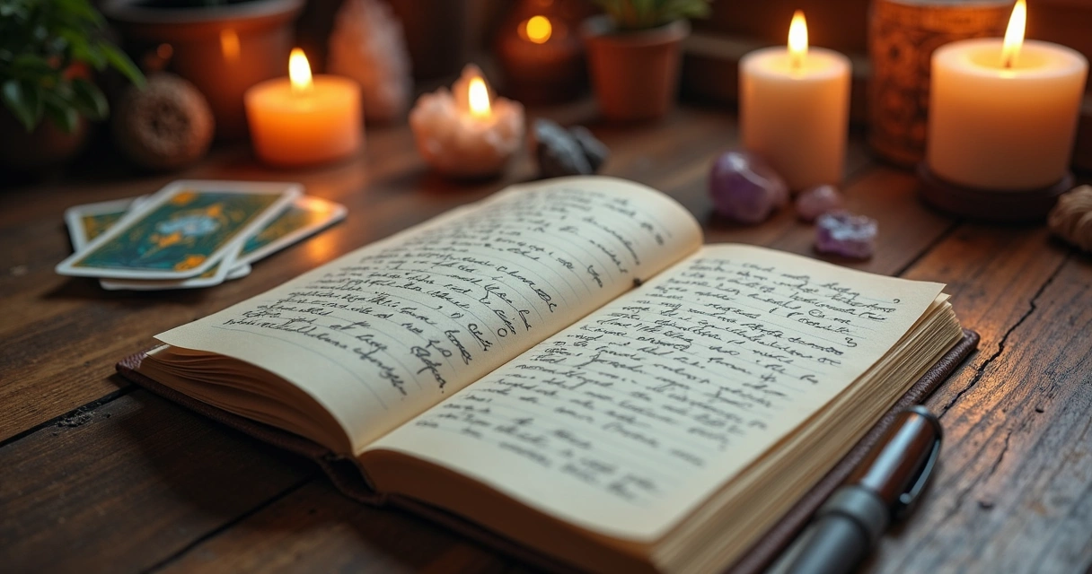 Tarot cards and mystical journal on wooden table 