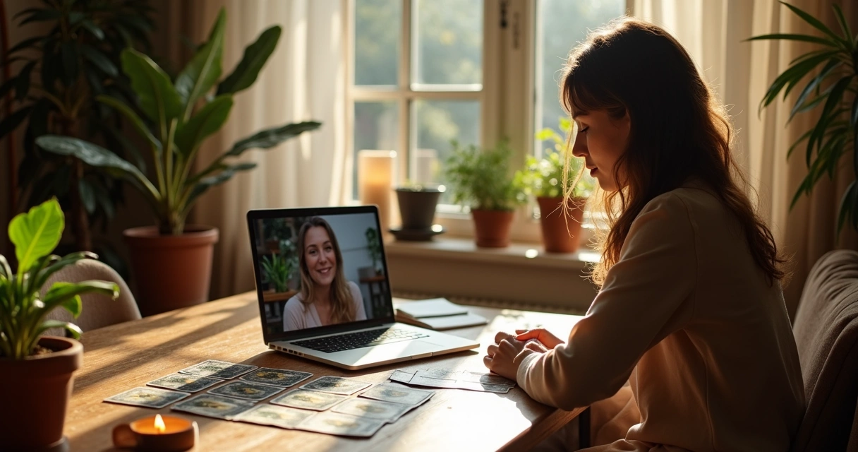 Person performing tarot card reading via video call with client 