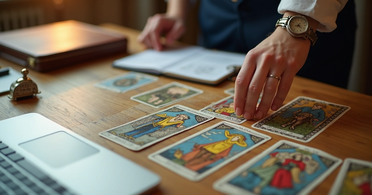 Tarot cards arranged with career symbols like briefcase, laptop and clock 